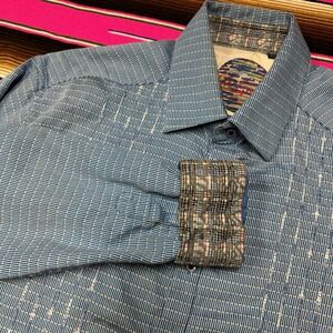 Robert Graham Dress Shirt Men XL Blue Geometric Plaid Flip Cuff Button‎ Up